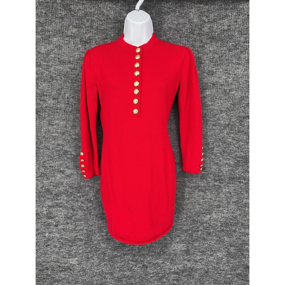 St. John Collection Sweater Dress Womens 2 Red Button 3/4 Sleeve Sheath Knit